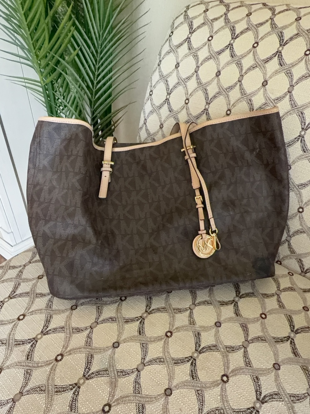 Michael Kors Dark Brown Logo Tote with Beige Trim and Gold Charm